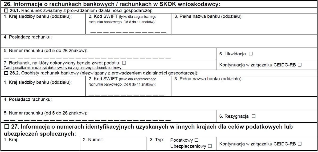 rejestracja firmy ceidg1 rachunek bankowy